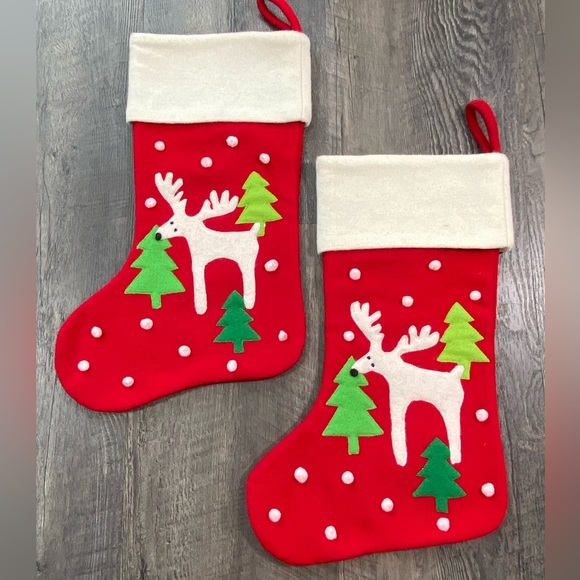 CRATE & BARREL Reindeer Christmas Trees Stockings - Picture 1 of 3
